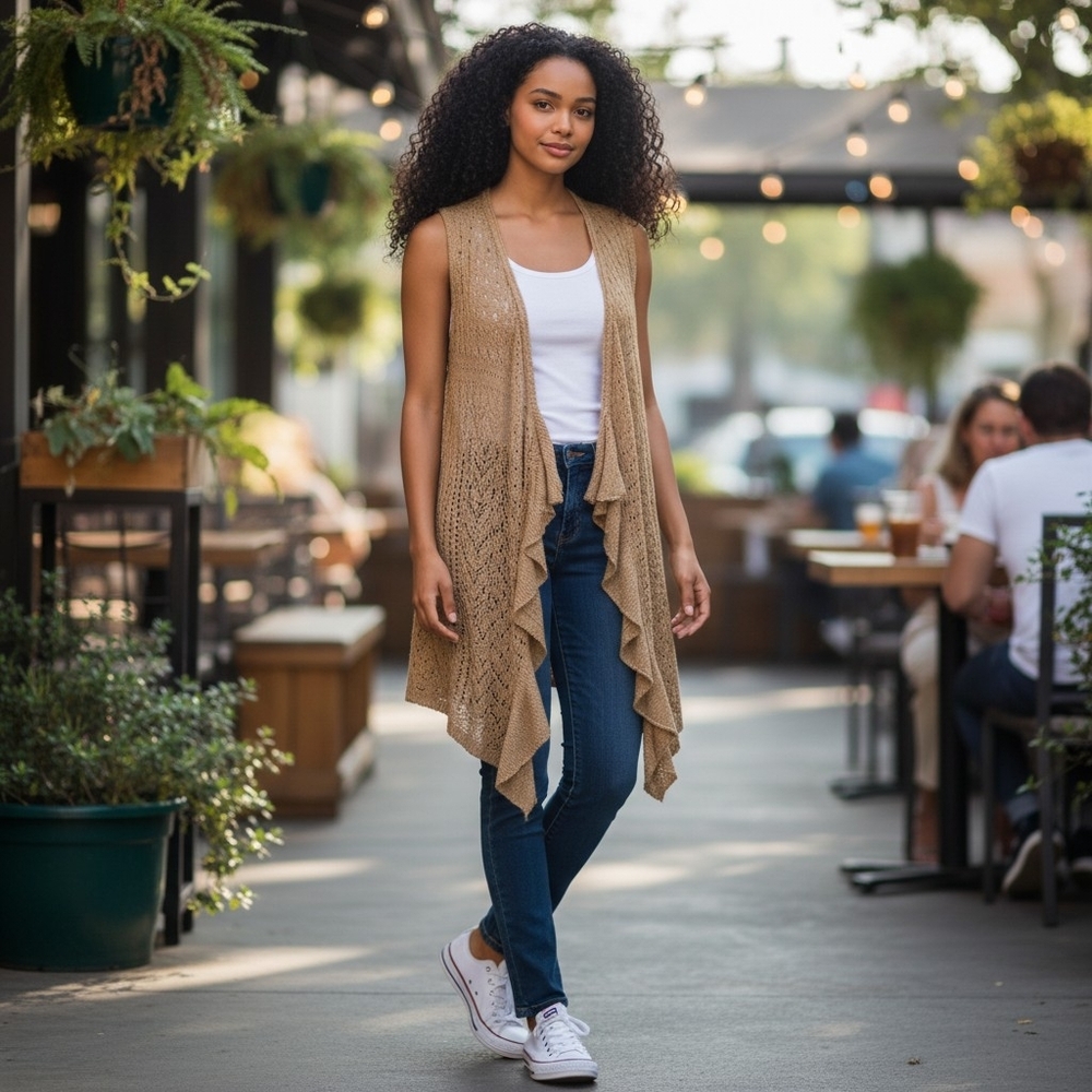 New Directions Open-Knit Ruffle Trim Vest - Tan
